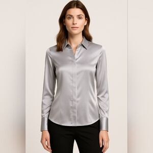 Ann Taylor Petite Stretch Silk Silver Button-down Blouse 10p